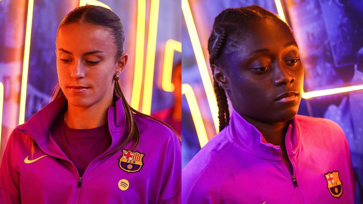 Clara Serrajordi y Aïcha Cámara con el primer equipo del Barça