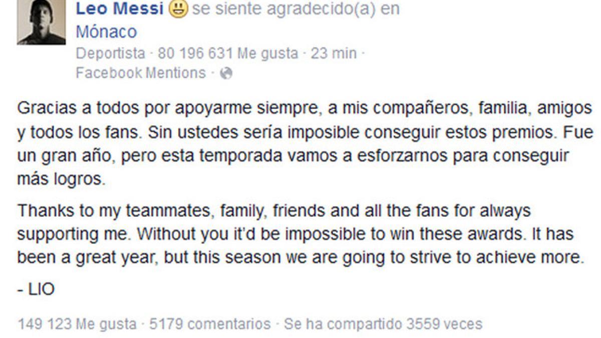 Messi envió un mensaje a sus fans en Facebook