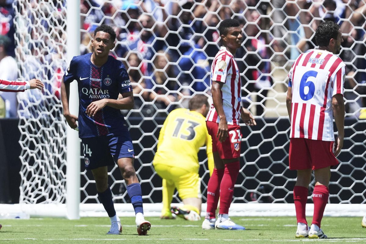 Paris Saint-Germains Senny Mayulu (24) reacts after scoring his sides third goal during the Club World Cup group B soccer match between PSG and Atletico Madrid in Pasadena, Calif., Sunday, June 15, 2025. (AP Photo/Jae Hong)