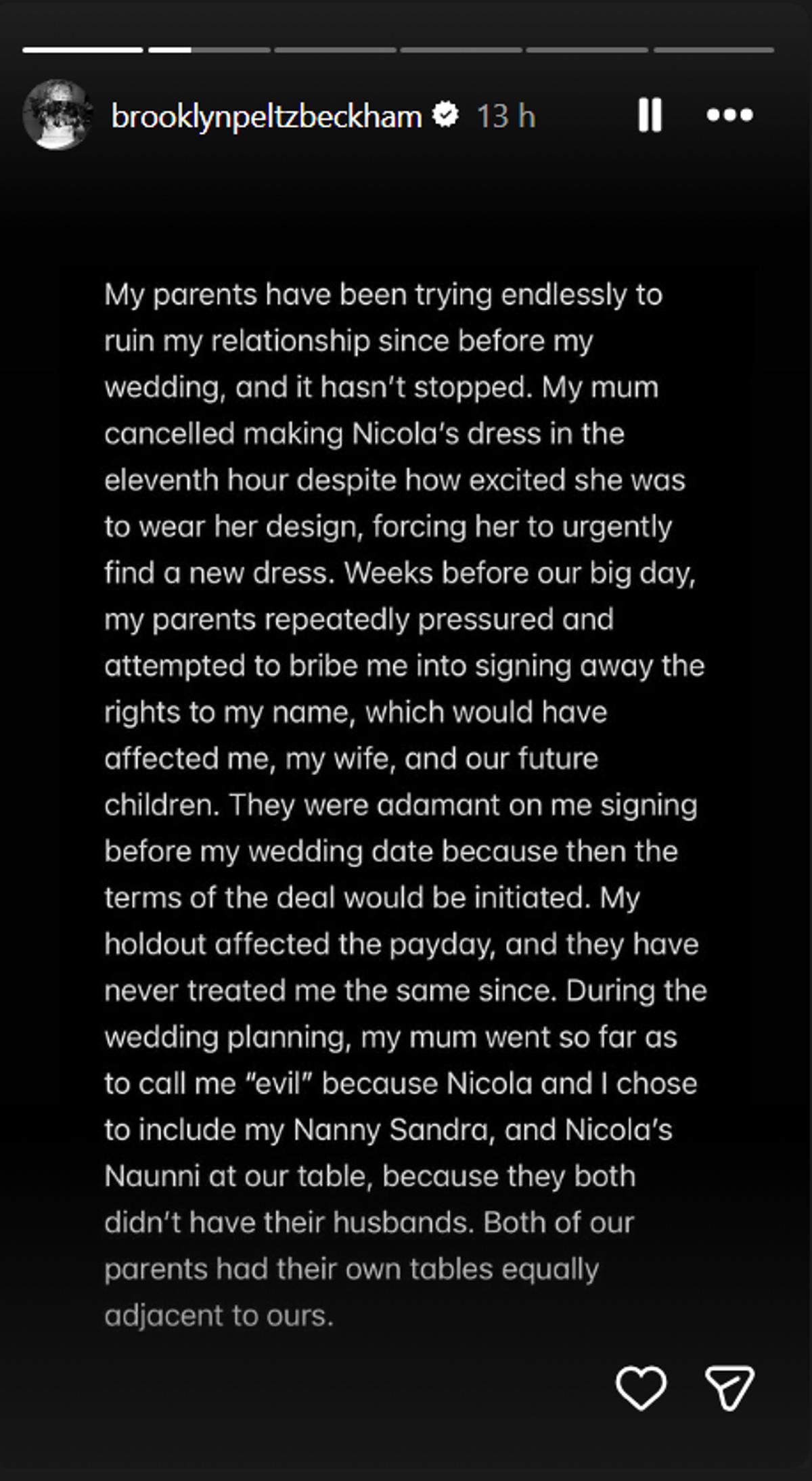 Parte del comunicado de Brooklyn Beckham explicando por qué ha roto con sus padres.