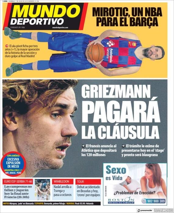 Portada MUNDO DEPORTIVO domingo 7 julio 2019