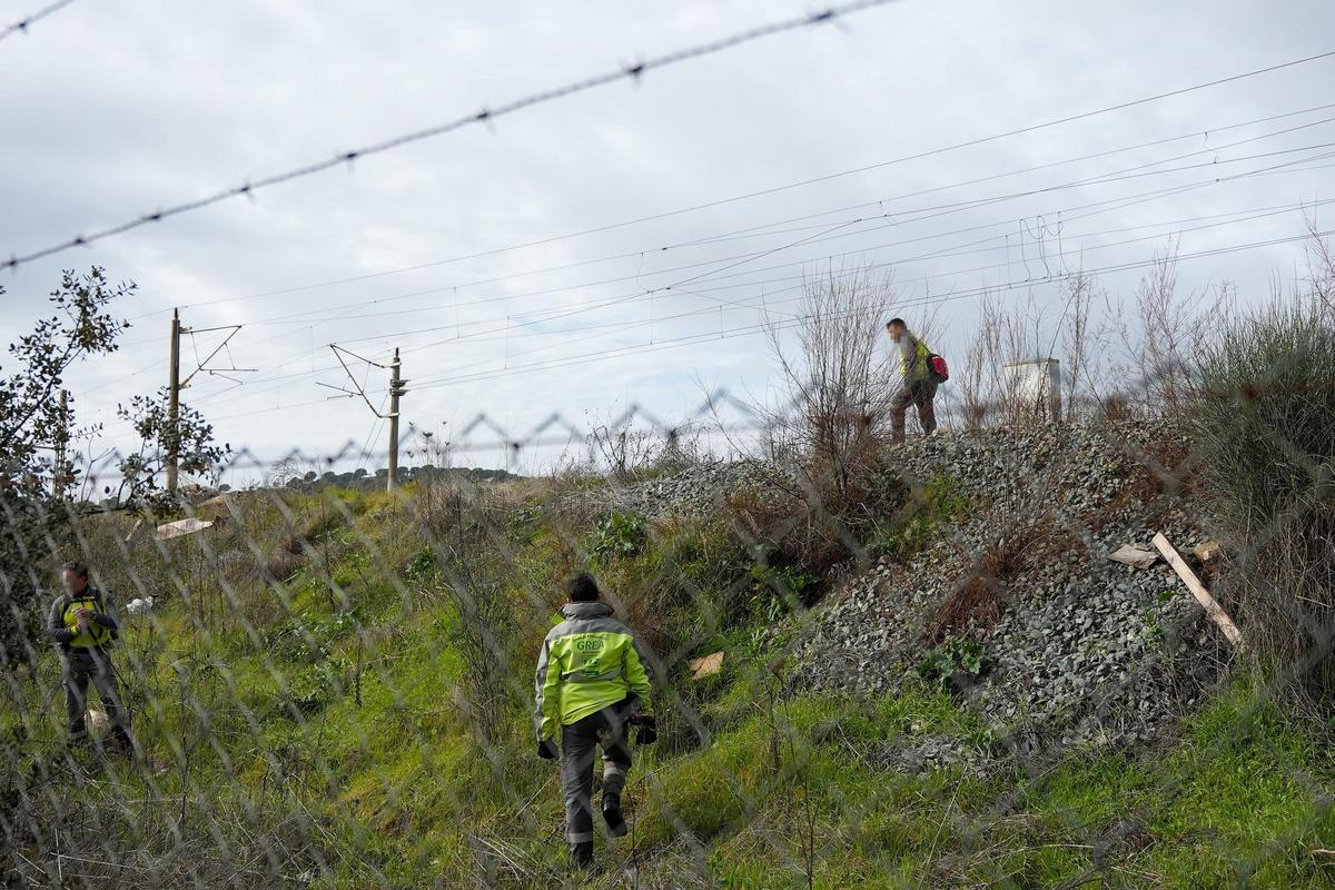 Agentes del CREA durante la búsqueda para localizar a dos personas que viajaban en los trenes accidentados en Adamuz (Córdoba)