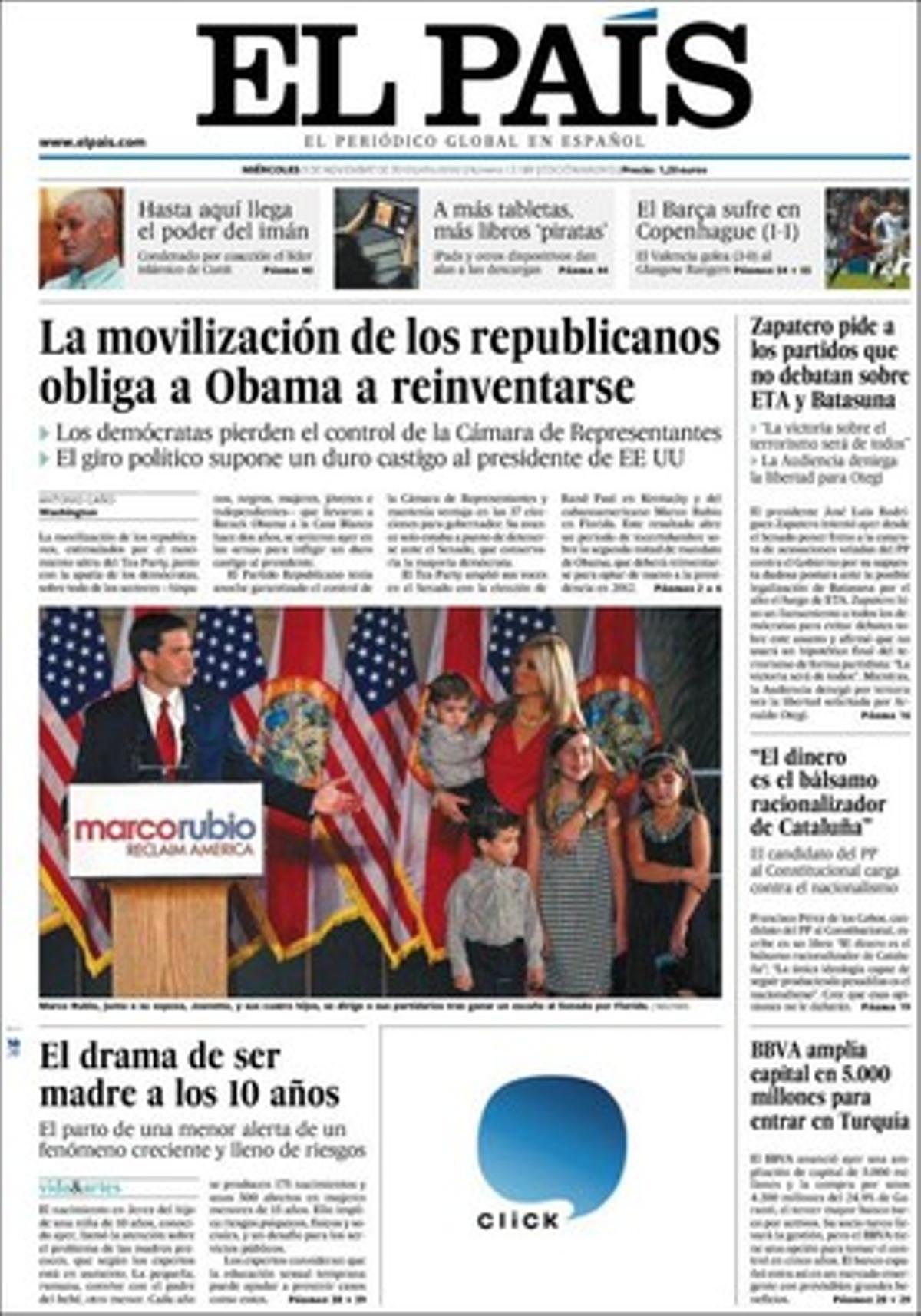 A dins, ’El País’ també explica que Rabat intenta desactivar la protesta sahrauí a Aaiun amb ofertes de terres i subsidis; que França restringeix la cobertura mèdica gratuïta per a immigrants sense papers; que l’etarra Arturo Cubillas no va comparèixer a l’Audiència però la fiscal general veneçolana reclama a Espanya l’extradició d’un policia; que un candidat del PP al Tribunal Constitucional qualifica la política catalana d’onanisme; que la celebració del Barça-Madrid el 28-N crea problemes a la maquinària dels partits, i que les tauletes electròniques ja propicien l’auge dels llibres pirates.