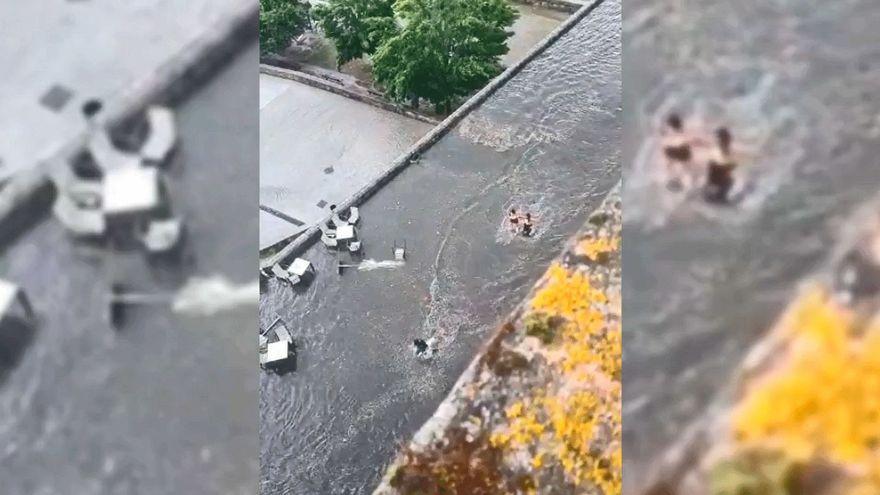 Tormenta espectacular en Ourense: el Puente Romano se convierte en una piscina