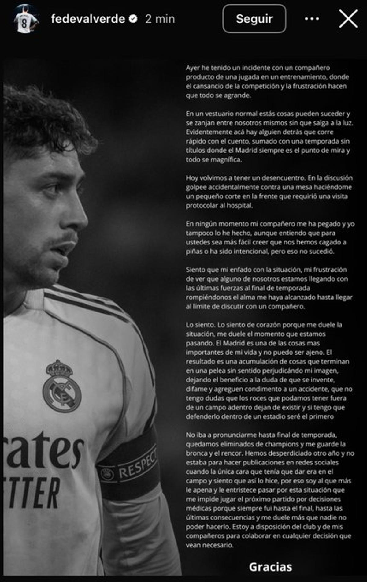 Comunicado completo de Fede Valverde.
