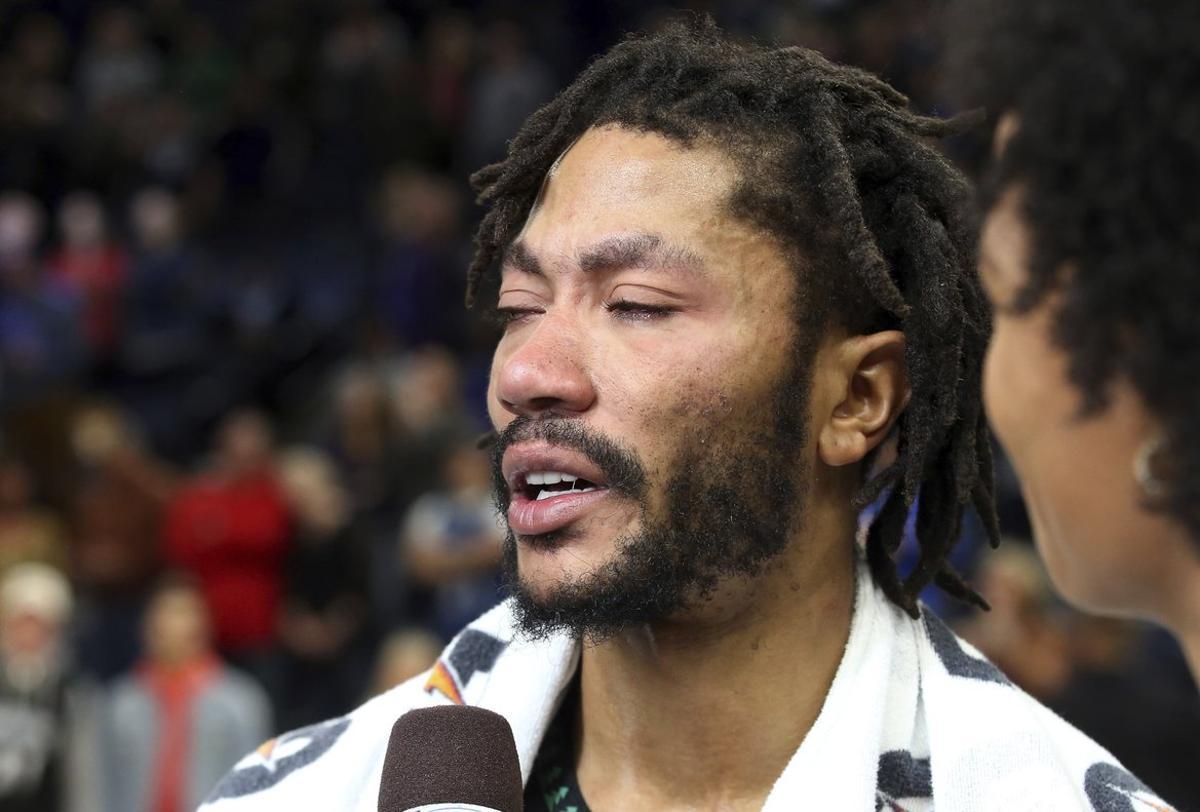 Minnesota Timberwolves’ Derrick Rose is interviewed after he scored 50 points, a career high, against the Utah Jazz in an NBA basketball game Wednesday, Oct. 31, 2018, in Minneapolis. The Timberwolves won 128-125. (AP Photo/Jim Mone)