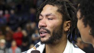 Minnesota Timberwolves’ Derrick Rose is interviewed after he scored 50 points, a career high, against the Utah Jazz in an NBA basketball game Wednesday, Oct. 31, 2018, in Minneapolis. The Timberwolves won 128-125. (AP Photo/Jim Mone)