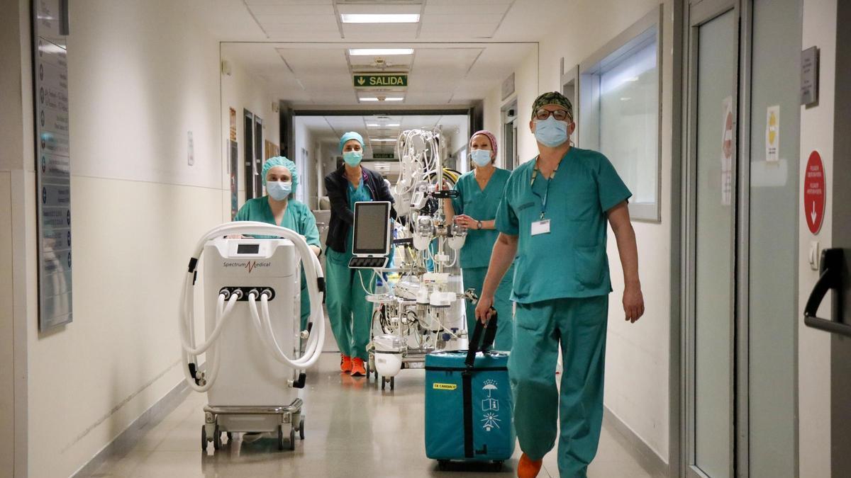 Ana Tur y parte del equipo de la unidad de trasplantes del hospital La Fe trasladando un corazón.