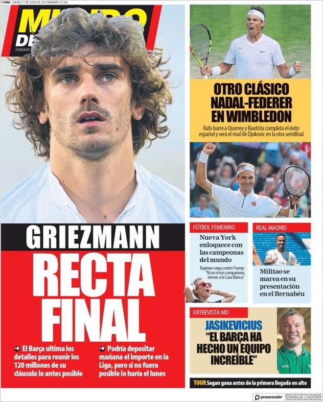 Portada de Mundo Deportivo del jueves 11 de julio de 2019