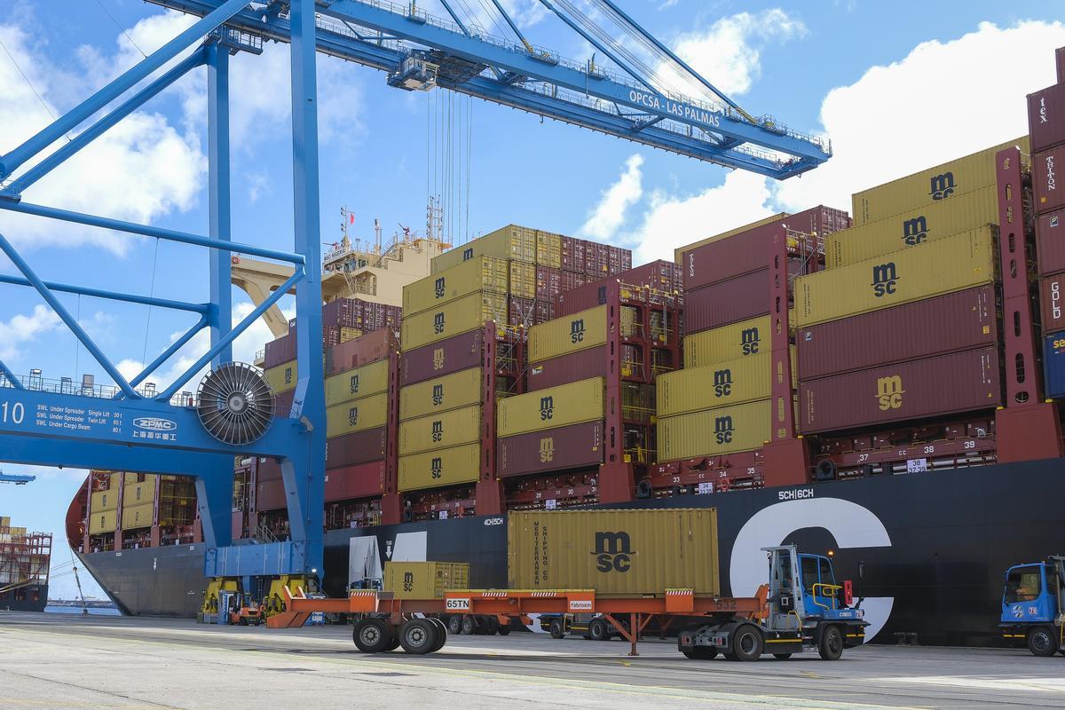 Operaciones de estiba en el portacontenedores MSC Nigeria en la terminal de Opcsa.