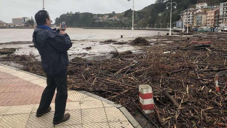 Un vecino fotografiando los restos de basura que dejó la marea al bajar en el paseo, en Ribadesella.