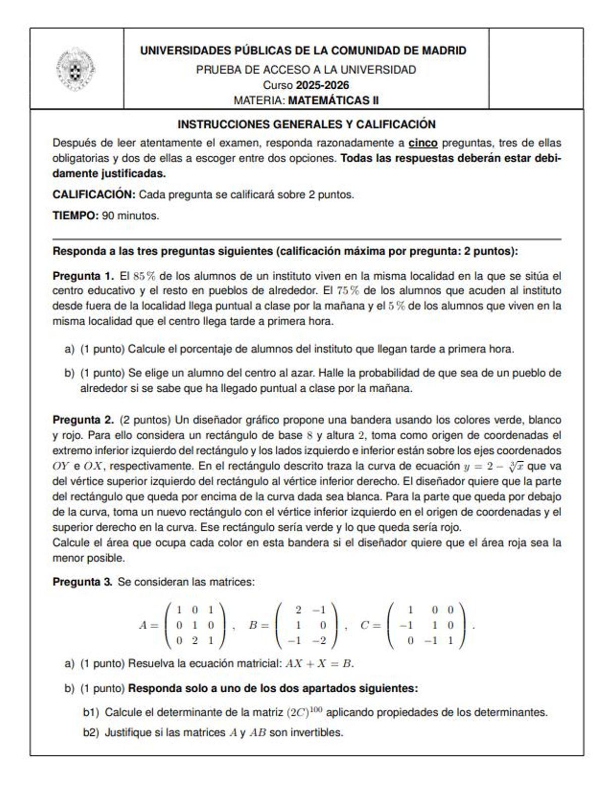 Examen de Matemáticas II de la PAU de julio de Madrid