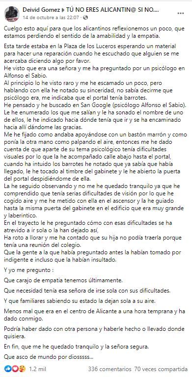 El texto de Deivid Gómez en el grupo de Facebook &quot;Tú no eres Alicantin@ si no...&quot;