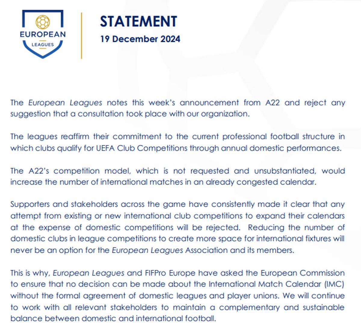 Comunicado de las ligas europeas