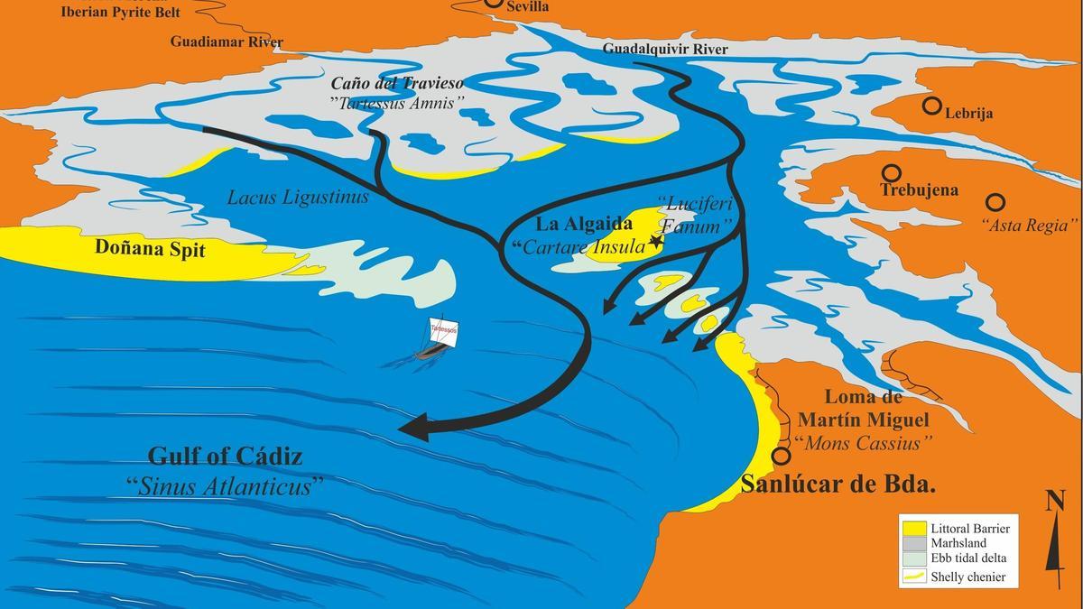 El río Tartessos (actual río Guadiamar por el Caño Travieso) y la isla de Cartare hacia el año 600 a. C.