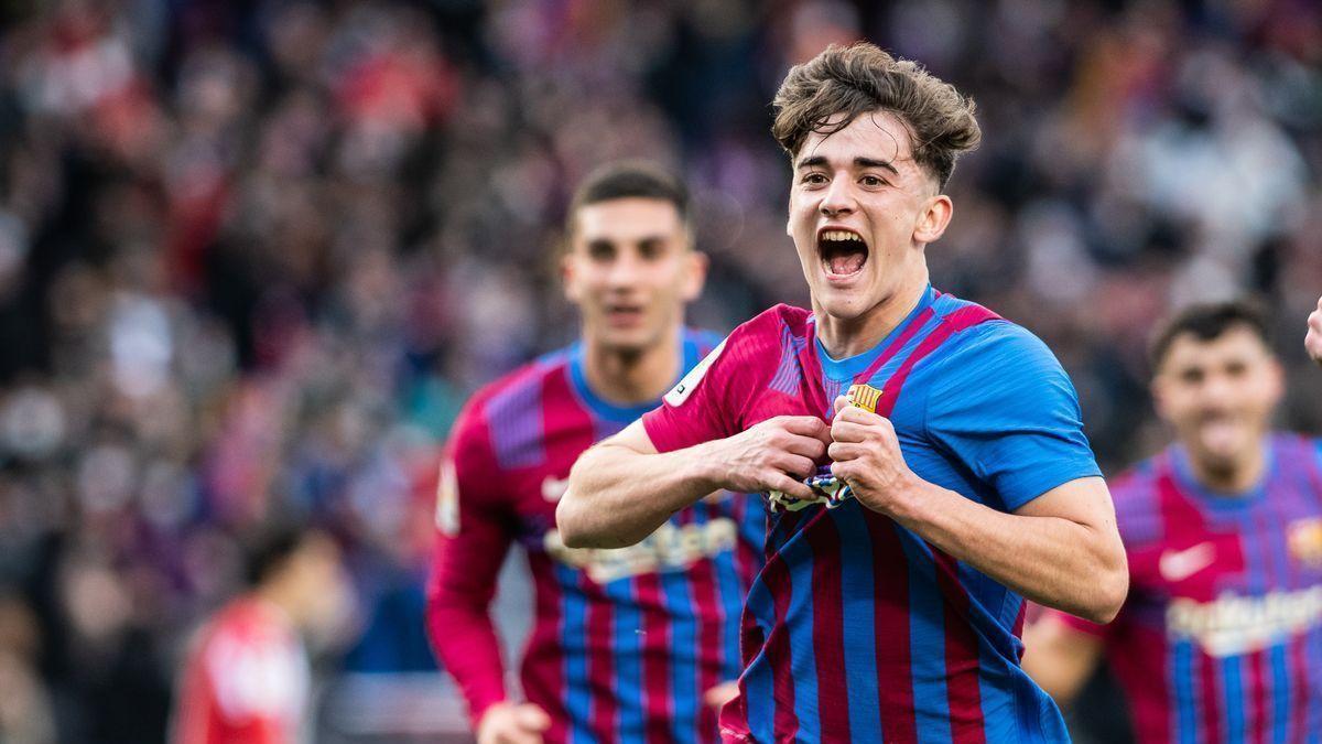 Gavi, tras marcar un gol con el FC Barcelona.