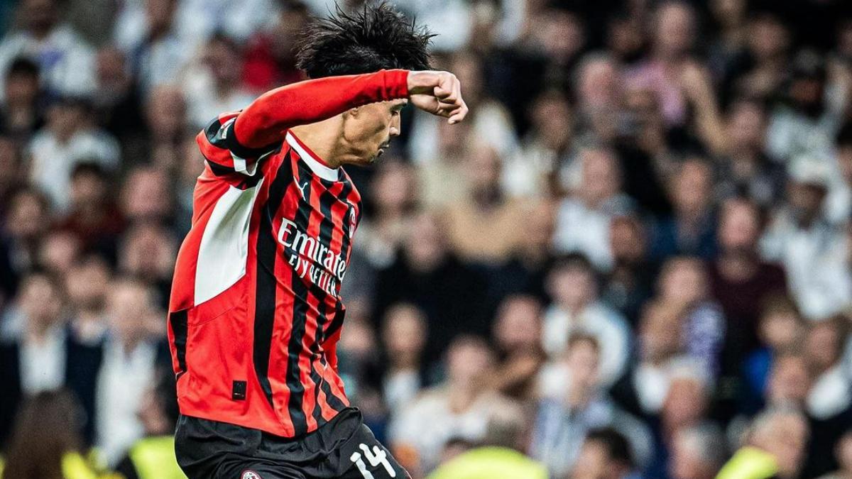 Reijnders, en el momento justo del golpeo que terminó en gol ante el Madrid