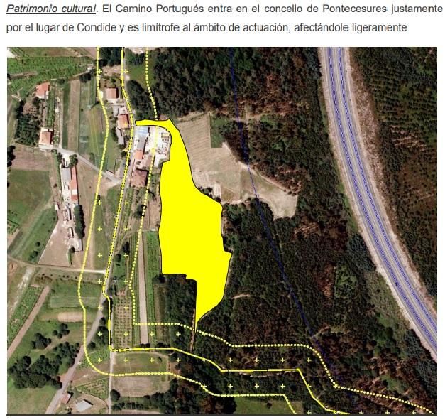 Plano incluido en el expediente en el que se muestra la ubicación de la finca y el trazado del Camiño Portugués.