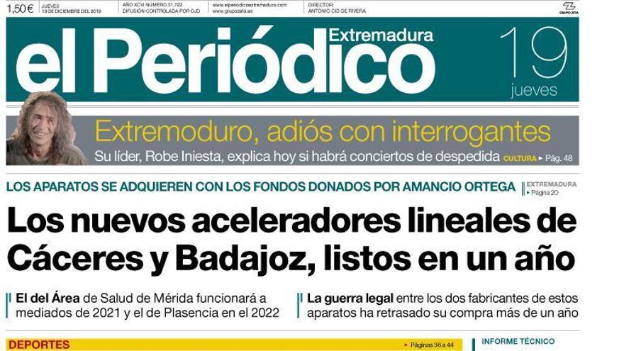 Esta es la portada de EL PERIÓDICO EXTREMADURA correspondiente al día 19 de diciembre del 2019