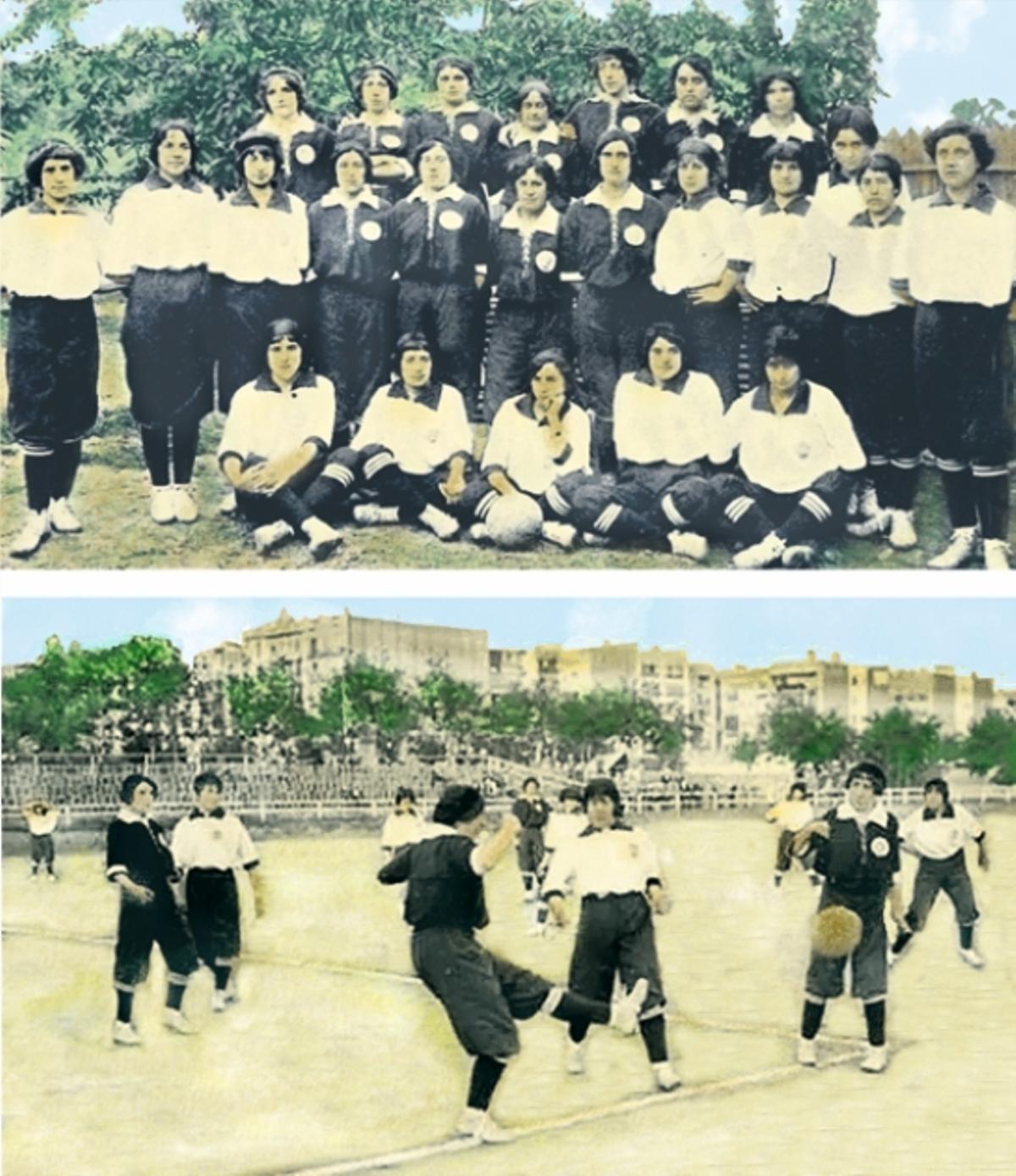 O Spanish Girls Club primeiro equipo feminino e, abaixo, o partido entre Monserrat e Giralda en 1914