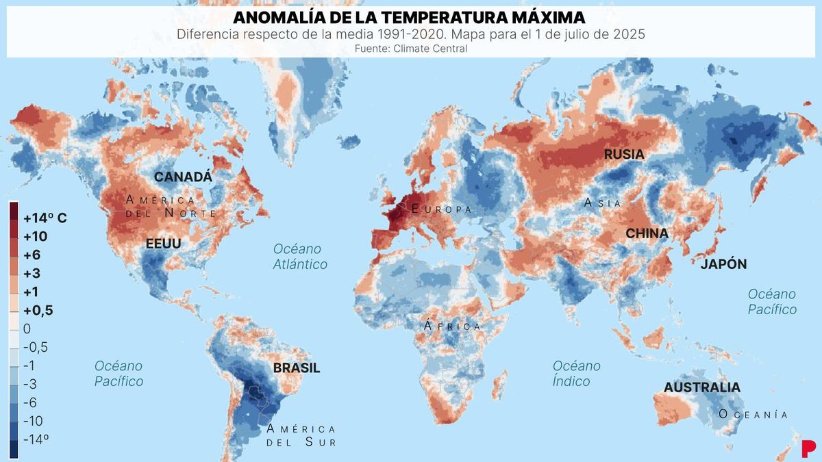 Mapa anomalía de temperatura en el mundo (temp. máxima, 1/7/2025)