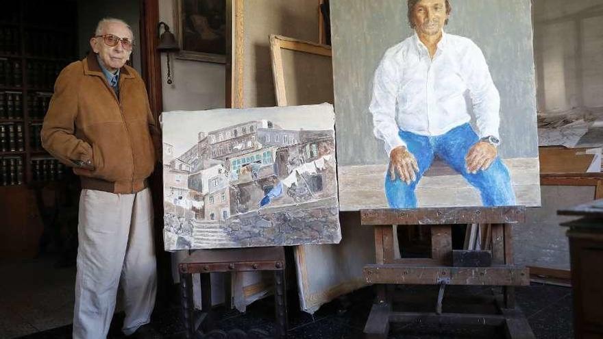 El retrato del galerista vigués Víctor Montenegro y un cuadro de una vista del Berbés, recuperado de un boceto antiguo, son las dos últimas creaciones de Luis Torras, que acaba de cumpir 106 años . // J. Lores