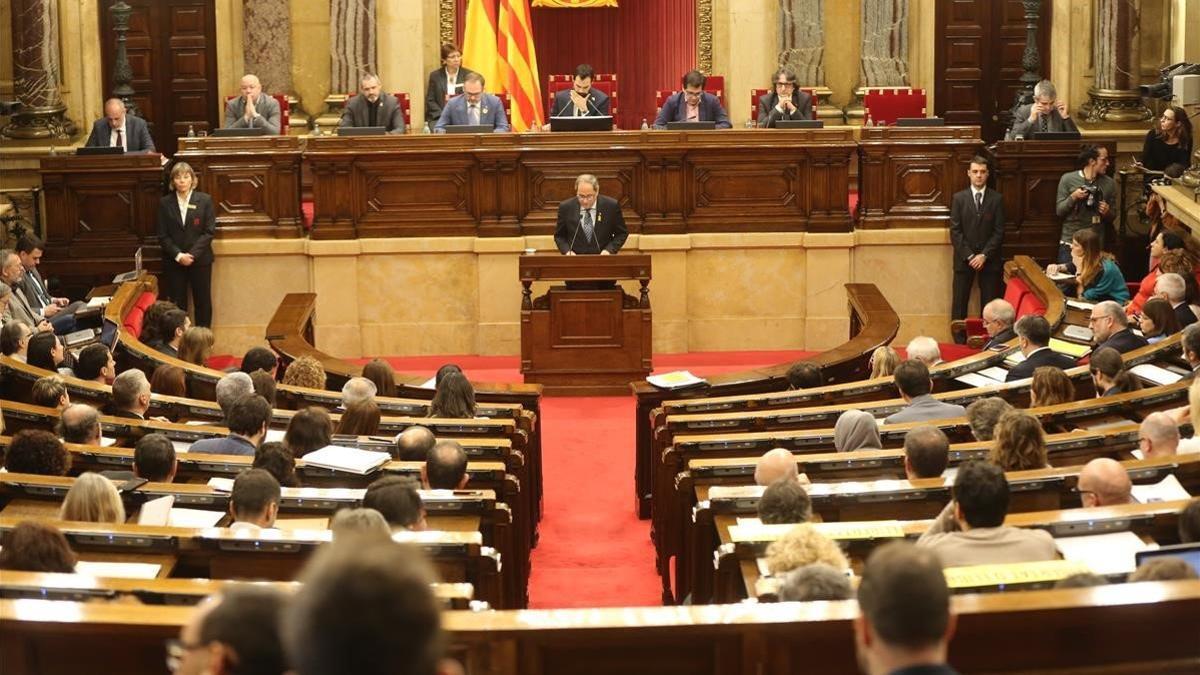 El 'president' Quim Torra, durante su comparecencia este miércoles en el Parlament.