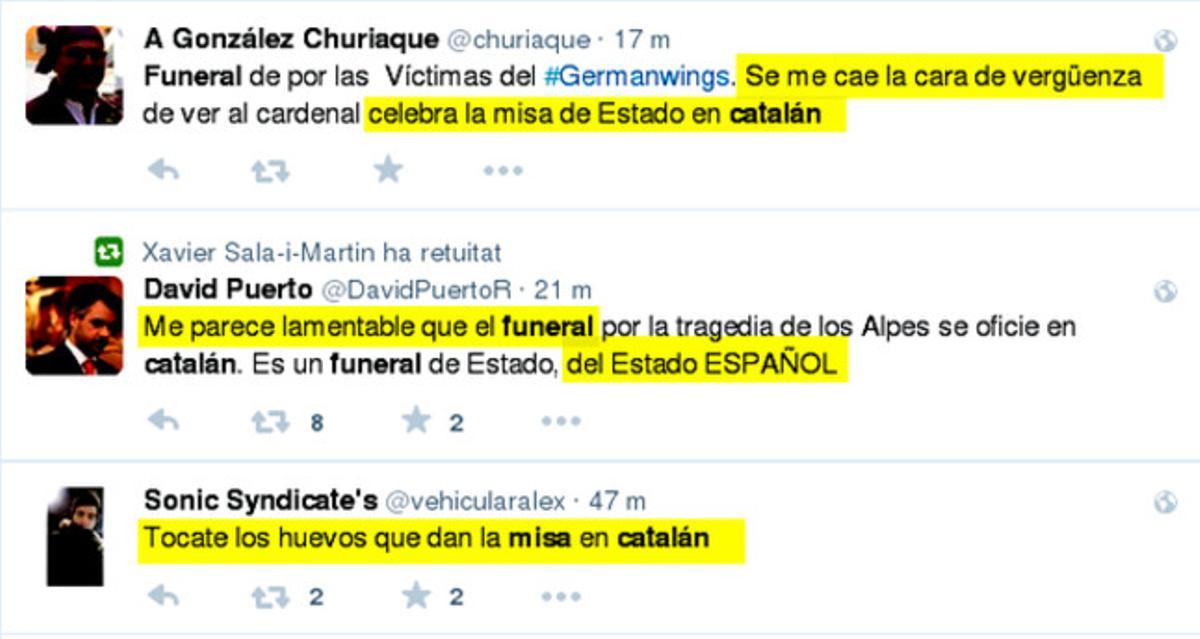 Muntatge d’alguns tuits catalanòfobs durant el funeral per les víctimes de l’avió de Germanwings.