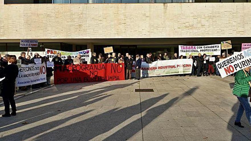 Los concentrados dispuestos con sus pancartas a la entrada de las Cortes, en Valladolid.