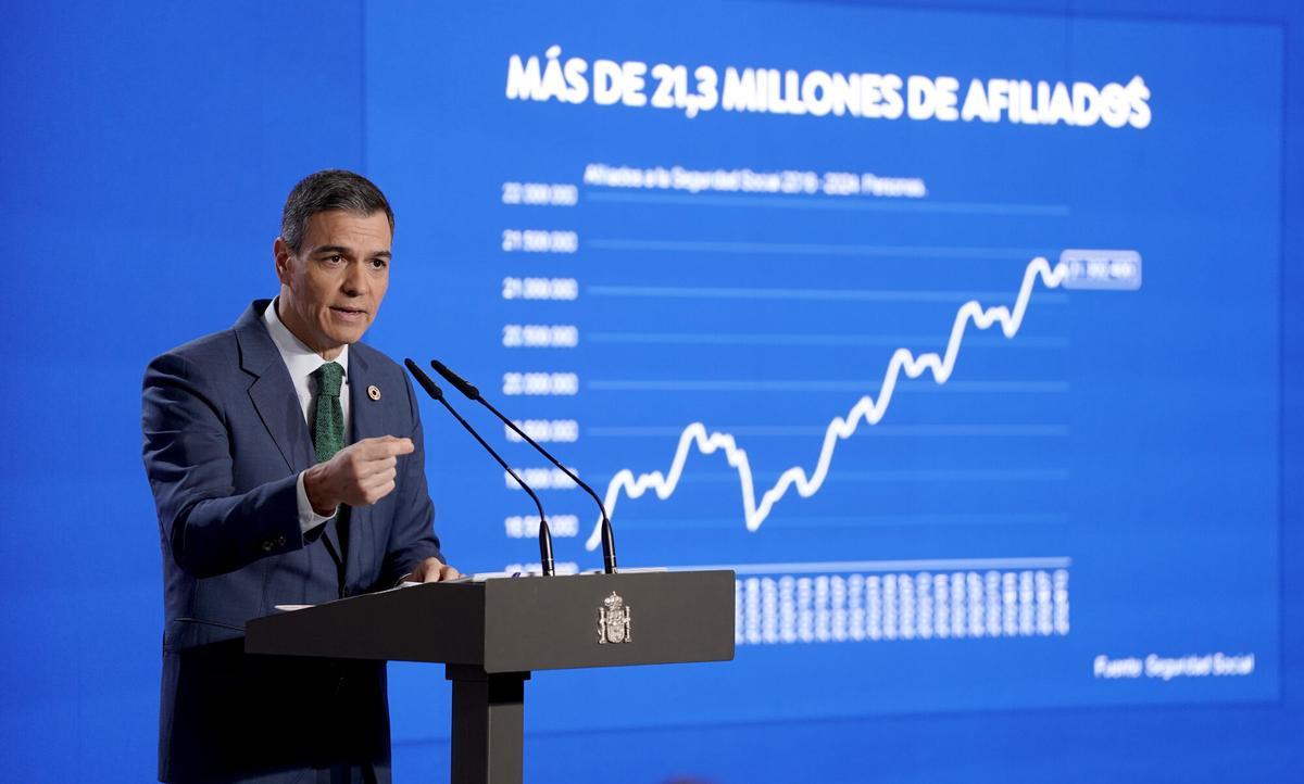 El presidente del Gobierno, Pedro Sánchez, durante su comparecencia en Moncloa para hacer balance del año.