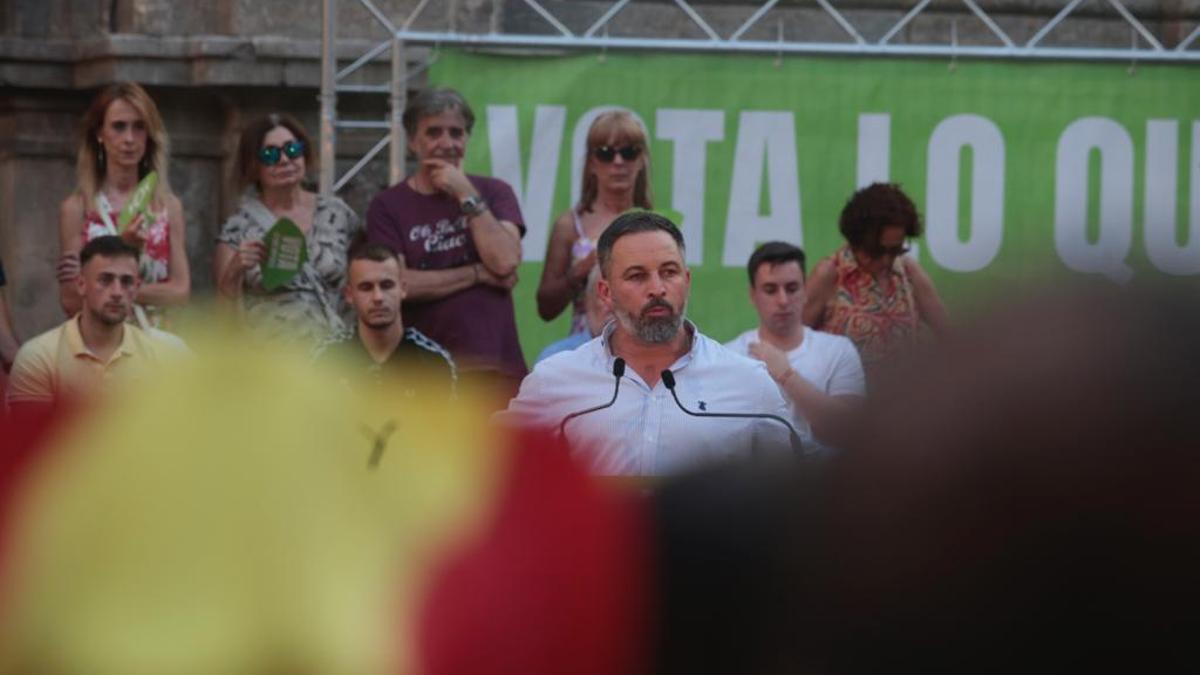 Santiago Abascal, en el mitin de Vox de este sábado en Zaragoza.