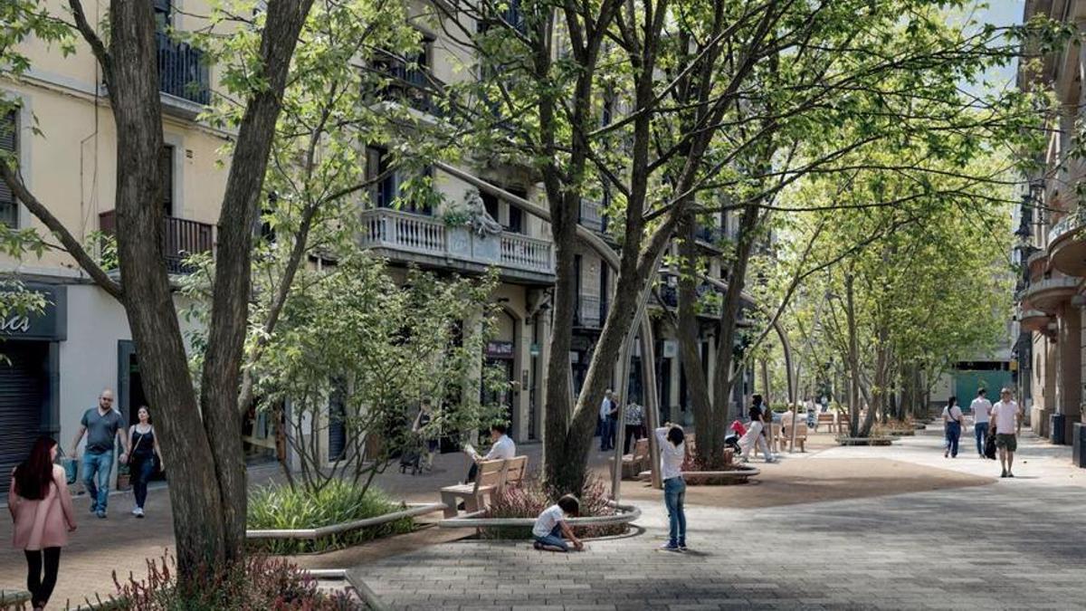 Recreació de com quedarà el carrer d’Àngel Guimerà amb la nova urbanització i arbrat