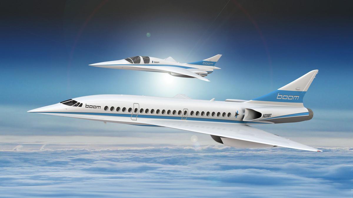 An artist’s impression shows Boom’s 55-seat supersonic aircraft (below) and Boom’s XB-1 supersonic demonstrator in this undated handout obtained by Reuters December 4, 2017. REUTERS/Boom Supersonic Handout via REUTERS    ATTENTION EDITORS - THIS PICTURE WAS PROVIDED BY A THIRD PARTY. NO ARCHIVES. NO RESALES.