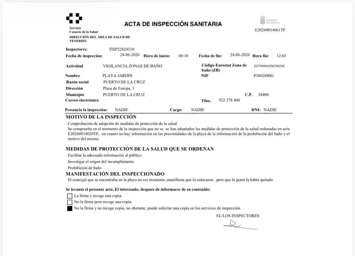 Acta de la inspección de Salud Pública del 24 de junio en la que asegura que el Ayuntamiento incumplió su orden de cerrar una de las calas de Playa Jardín.