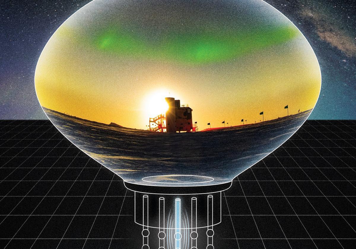 Una escena del Polo Sur del Laboratorio IceCube contra un fondo de auroras que se muestra dentro de una interpretación artística de un tubo fotomultiplicador.