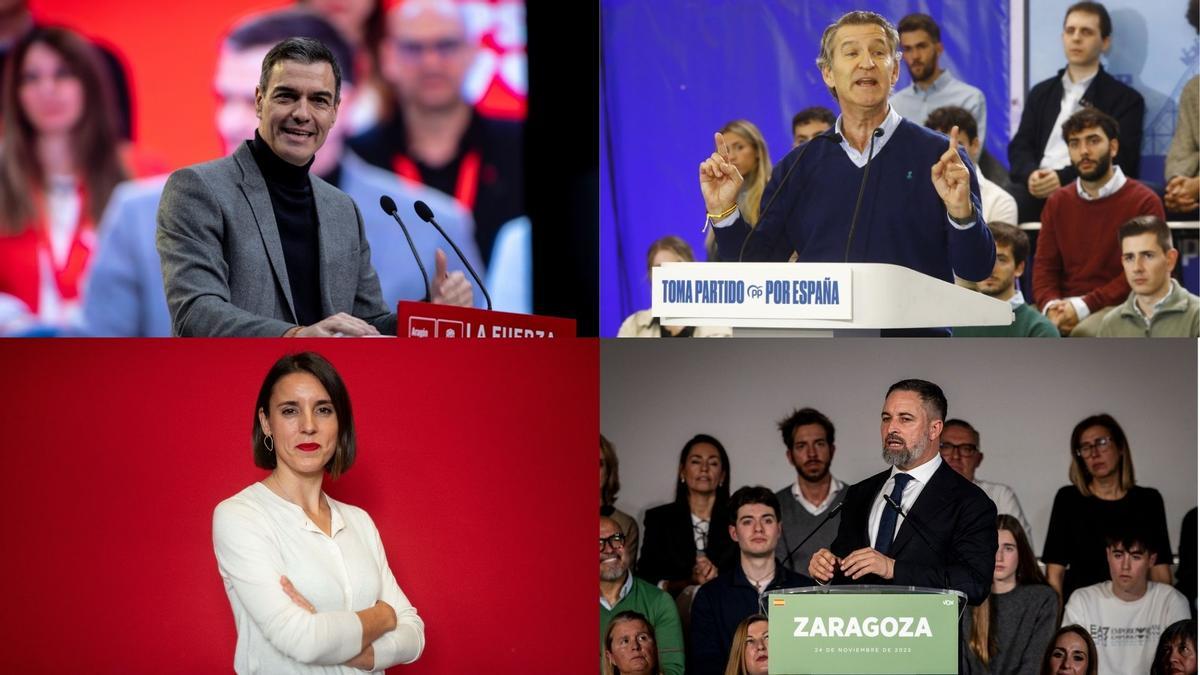 Pedro Sánchez, Alberto Núñez Feijóo, Irene Montero y Santiago Abascal, en imágenes de archivo durante actos políticos en Aragón.