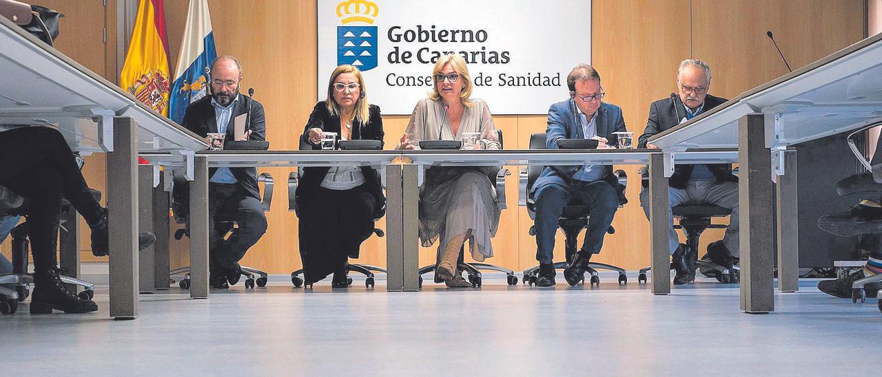 De izquierda a derecha: el gerente del Hospital Insular, José Blanco, la directora de Programas Asistenciales, Antonia María Pérez, la consejera de Sanidad, Esther Monzón, el gerente del Hospital Doctor Negrín, Miguel Ángel Ponce, y el gerente de Atención Primaria en Gran Canaria, Carlos Jorge.