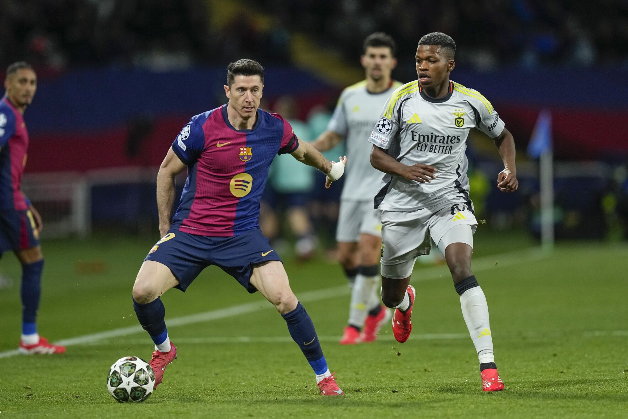 Barcelona striker Robert Lewandowski (L) battles for the ball with Benfica midfielder Florentino Luis during the Champions League round of 16 second leg match between Barcelona and Benfica, at the Estadi Olimpic Lluis Companys in Barcelona, Spain, 11 March 2025. EFE/ Enric Fontcuberta