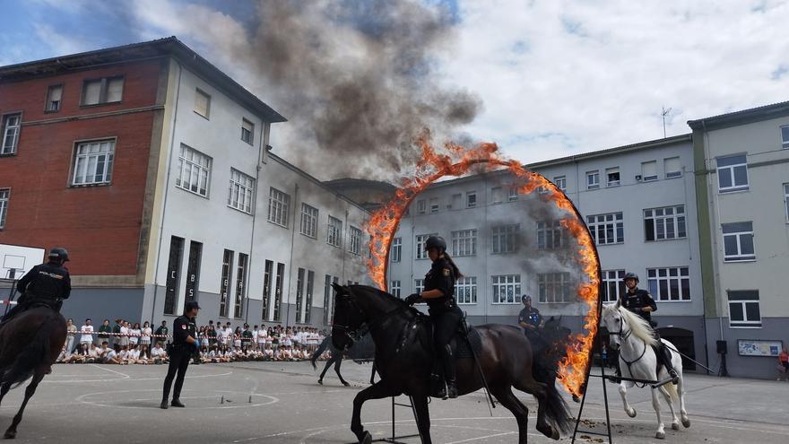 Al trote en el Beata Imelda: agentes de la Policía realizan una exhibición con perros, caballos y vehículos ante escolares langreanos