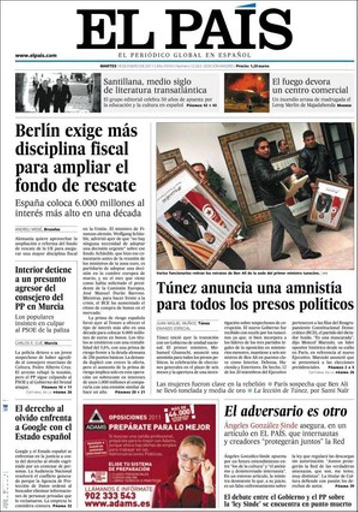 ’El País’ també destaca a dins que vuit sindicats demanen al PP que no vinculi l’atac al conseller de Múrcia a les protestes per les retallades i que el PSOE rebutja les acusacions del PP. També que el Govern espanyol intensifica els contactes per aconseguir un pacte social en 10 dies, que Catalunya demana a Zapatero que rebaixi el dèficit sense intervenir a les comunitats; que Rússia obre la porta a tornar a comprar deute públic espanyol; que la vivenda costa ara un 13% menys que a l’inici de la crisi, el 2008; que Alfredo Saénz seguirà al Banco Santander fins que el Constitucional es pronunciï, que Google s’enfronta a Espanya per l’esborrat de dades personals, i que les multes estoven els insubmisos tabaquistes.