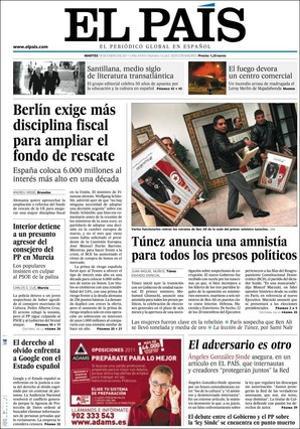 ’El País’ també destaca a dins que vuit sindicats demanen al PP que no vinculi l’atac al conseller de Múrcia a les protestes per les retallades i que el PSOE rebutja les acusacions del PP. També que el Govern espanyol intensifica els contactes per aconseguir un pacte social en 10 dies, que Catalunya demana a Zapatero que rebaixi el dèficit sense intervenir a les comunitats; que Rússia obre la porta a tornar a comprar deute públic espanyol; que la vivenda costa ara un 13% menys que a l’inici de la crisi, el 2008; que Alfredo Saénz seguirà al Banco Santander fins que el Constitucional es pronunciï, que Google s’enfronta a Espanya per l’esborrat de dades personals, i que les multes estoven els insubmisos tabaquistes.