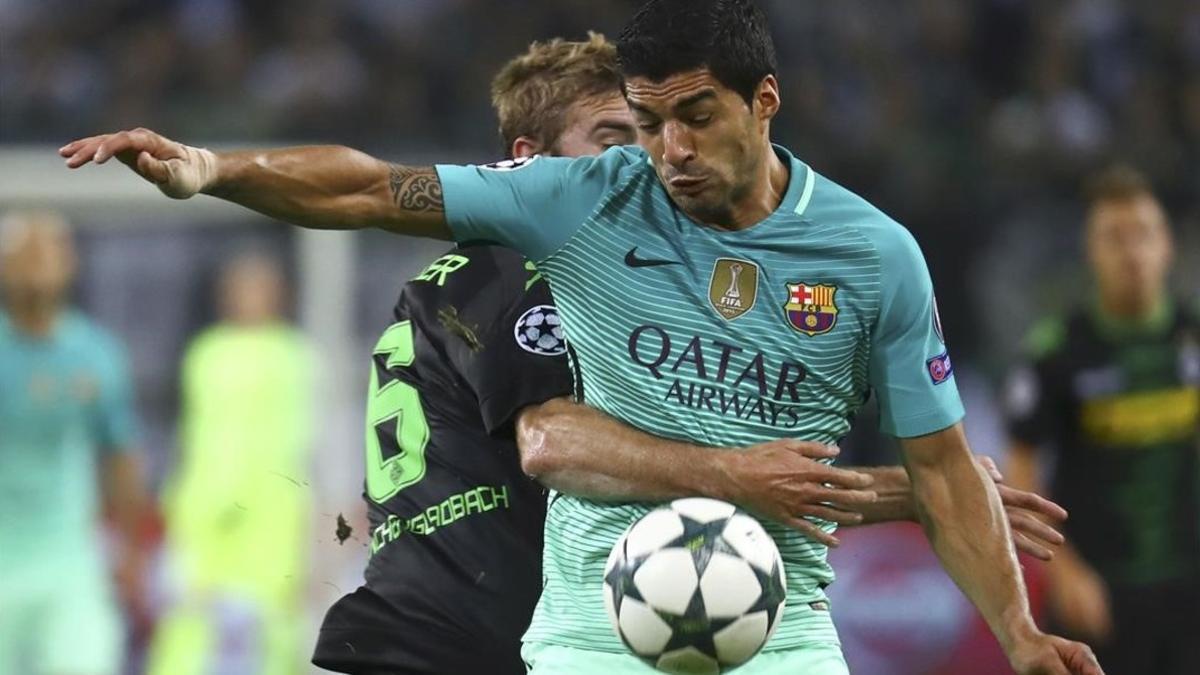 Suárez, en el partido de Champions del Barça frente al Borussia Moenchengladbach