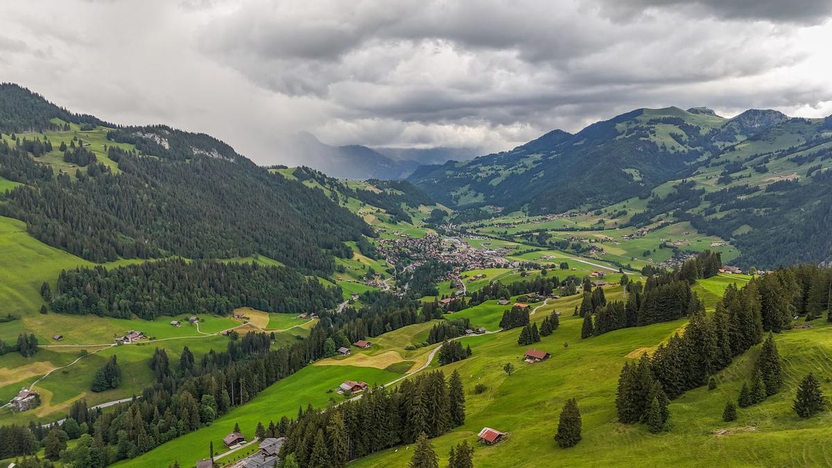 Vistas hacia Zweisimmen desde los Alpes suizos