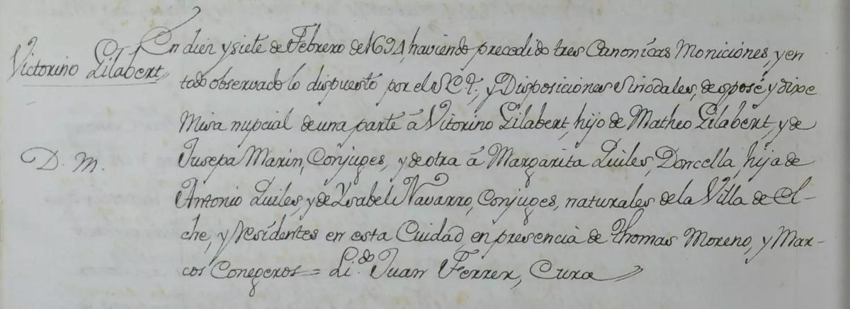 Inscription of the sixth grandparents of Miguel Hernández in the Orihuela Cathedral