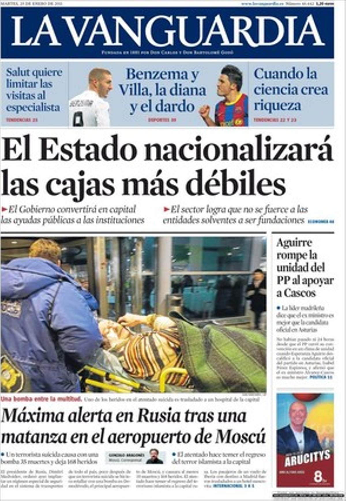 ’La Vanguardia’ destaca a més que els alcaldes del PSC repesquen José Zaragoza com a cap de campanya, que la Conselleria de Salut vol estalviar enviant menys pacients a l’especialista, que les policies estan en alerta davant la vaga general de dijous, que els partits catalans fan pinya en defensa de les caixes, i que l’administració concursal vol recuperar 800 milions de Sacresa.