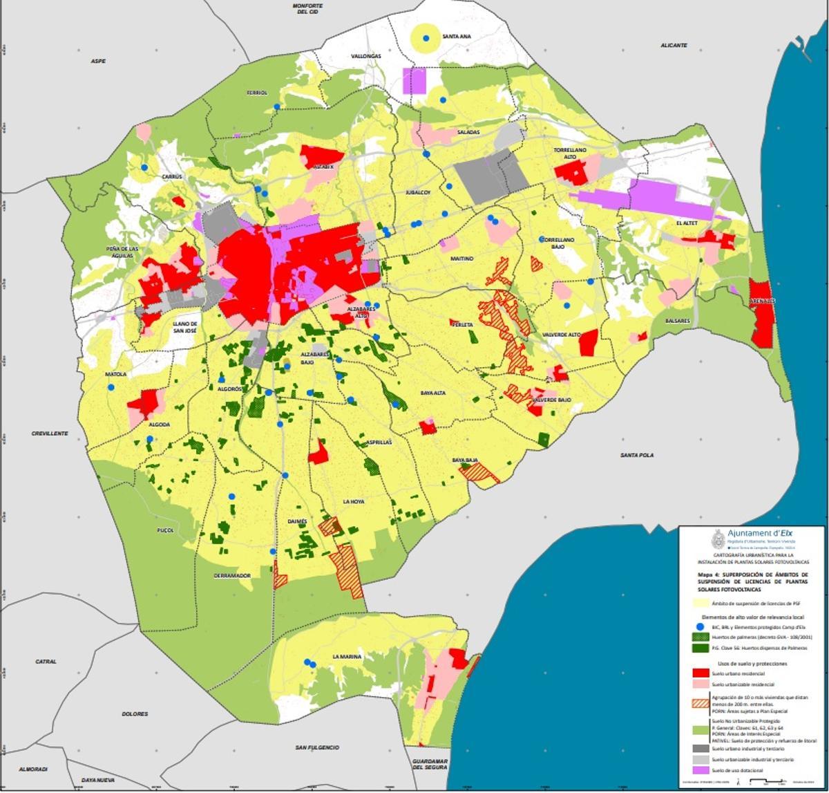 El mapa de las zonas de Elche afectadas por la suspensión de licencias de plantas solares