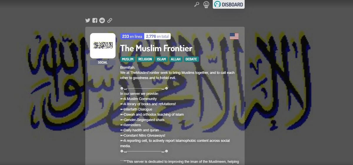 Un popular servidor de Discord dedicado a la 'enseñanza ortodoxa' del Islam luce la shahada sobre fondo blanco, bandera de los talibanes y promete chats separados por género.