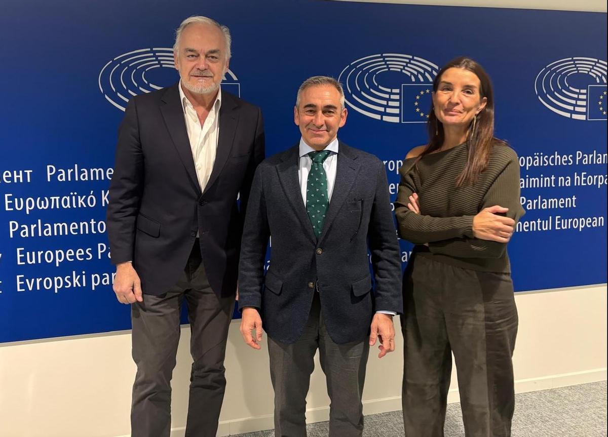Esteban González Pons, Miguel Barrachina y Ruth Merino, en la sede del Parlamento Europeo.