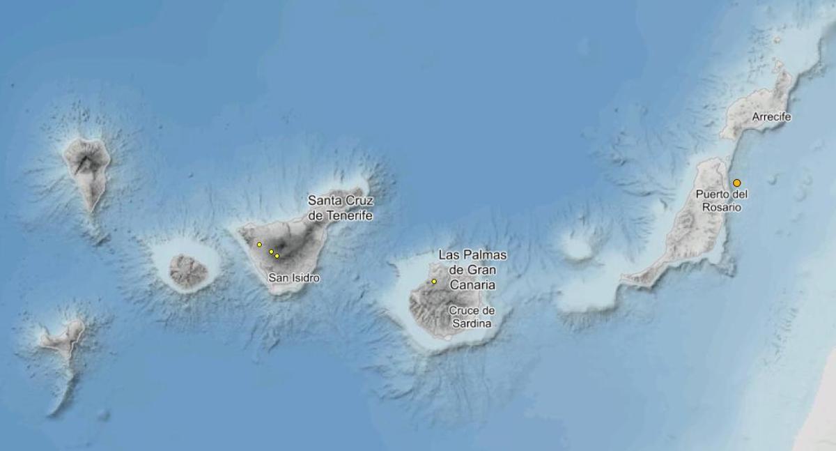 Mapa con la señalización de los terremotos.