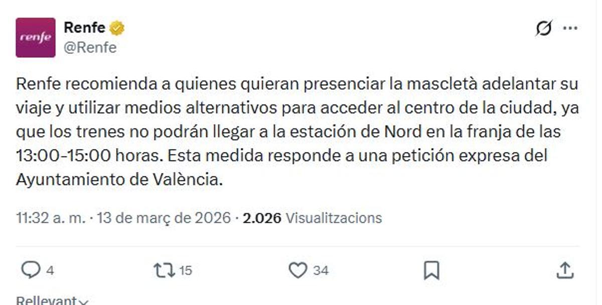 El mesnaje de Renfe en X con el que rectifica el duro de esta mañana contra el Ayuntamiento.